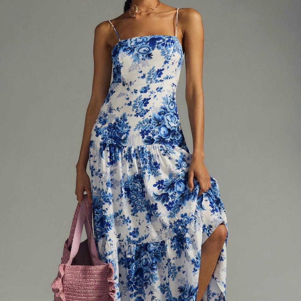 Drop-Waist Blue & White Floral Midi Dress in XS